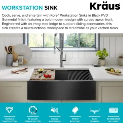 Workstation 33” Apron Front Farmhouse 16 Gauge Black Stainless Steel Single Bowl Kitchen Sink in PVD Gunmetal Finish with Accessories