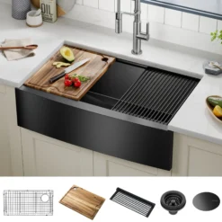 Workstation 33” Apron Front Farmhouse 16 Gauge Black Stainless Steel Single Bowl Kitchen Sink in PVD Gunmetal Finish with Accessories