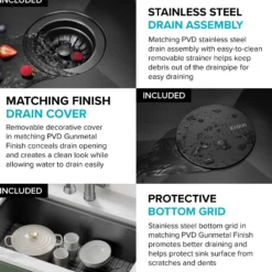 Workstation 33” Apron Front Farmhouse 16 Gauge Black Stainless Steel Single Bowl Kitchen Sink in PVD Gunmetal Finish with Accessories