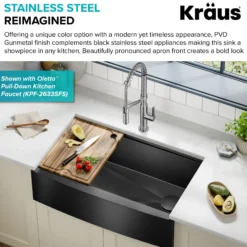 Workstation 33” Apron Front Farmhouse 16 Gauge Black Stainless Steel Single Bowl Kitchen Sink in PVD Gunmetal Finish with Accessories