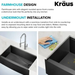 Workstation 33” Apron Front Farmhouse 16 Gauge Black Stainless Steel Single Bowl Kitchen Sink in PVD Gunmetal Finish with Accessories
