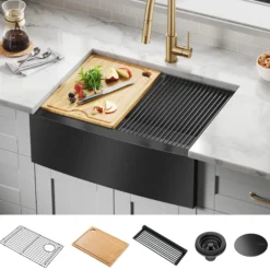 Workstation 27” Apron Front Farmhouse 16 Gauge Black Stainless Steel Single Bowl Kitchen Sink in PVD Gunmetal Finish with Accessories