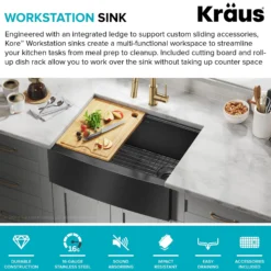 Workstation 27” Apron Front Farmhouse 16 Gauge Black Stainless Steel Single Bowl Kitchen Sink in PVD Gunmetal Finish with Accessories