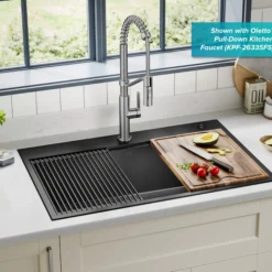 Workstation 33” Drop-In / Top Mount 16 Gauge Black Stainless Steel Single Bowl Kitchen Sink in PVD Gunmetal Finish with Accessories