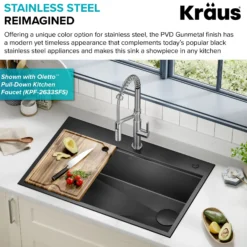 Workstation 33” Drop-In / Top Mount 16 Gauge Black Stainless Steel Single Bowl Kitchen Sink in PVD Gunmetal Finish with Accessories
