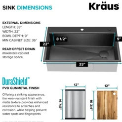Workstation 33” Drop-In / Top Mount 16 Gauge Black Stainless Steel Single Bowl Kitchen Sink in PVD Gunmetal Finish with Accessories
