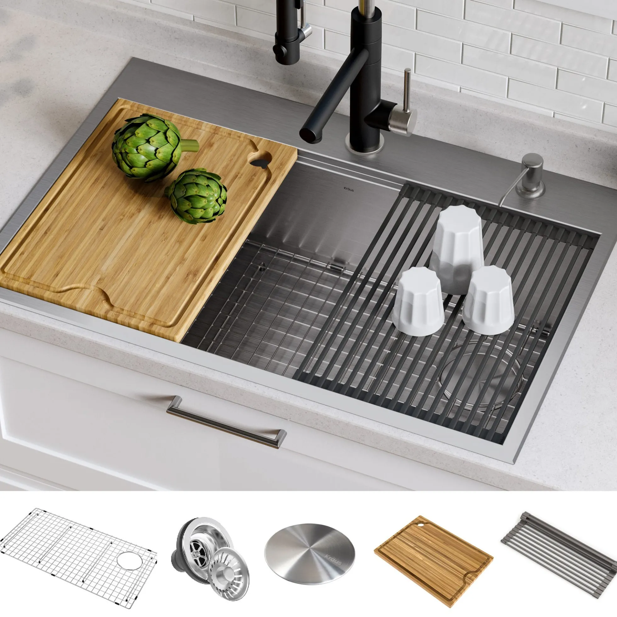 Workstation 33" Drop-In/Undermount 16 Gauge Stainless Steel Single Bowl Kitchen Sink with Accessories