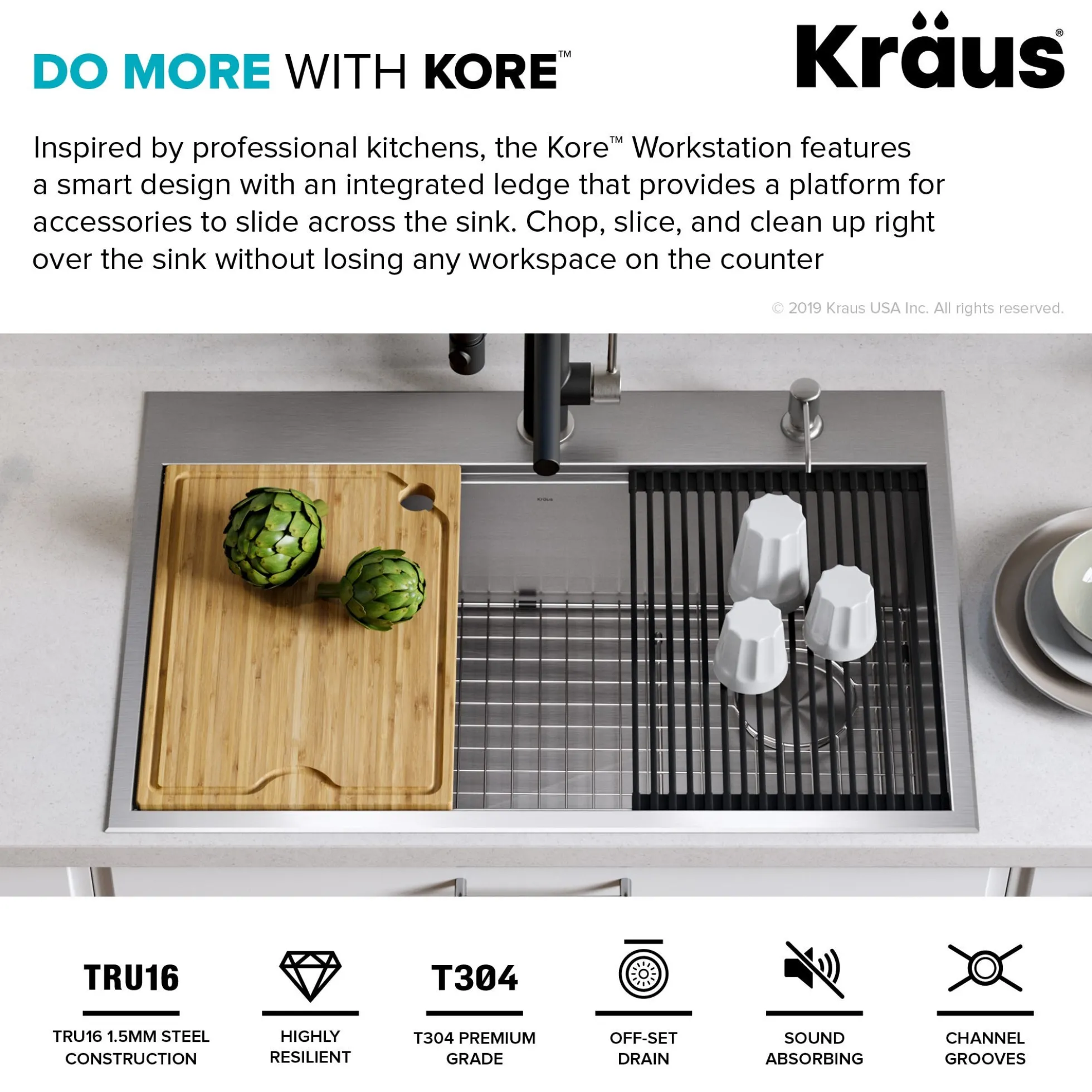 Workstation 33" Drop-In/Undermount 16 Gauge Stainless Steel Single Bowl Kitchen Sink with Accessories