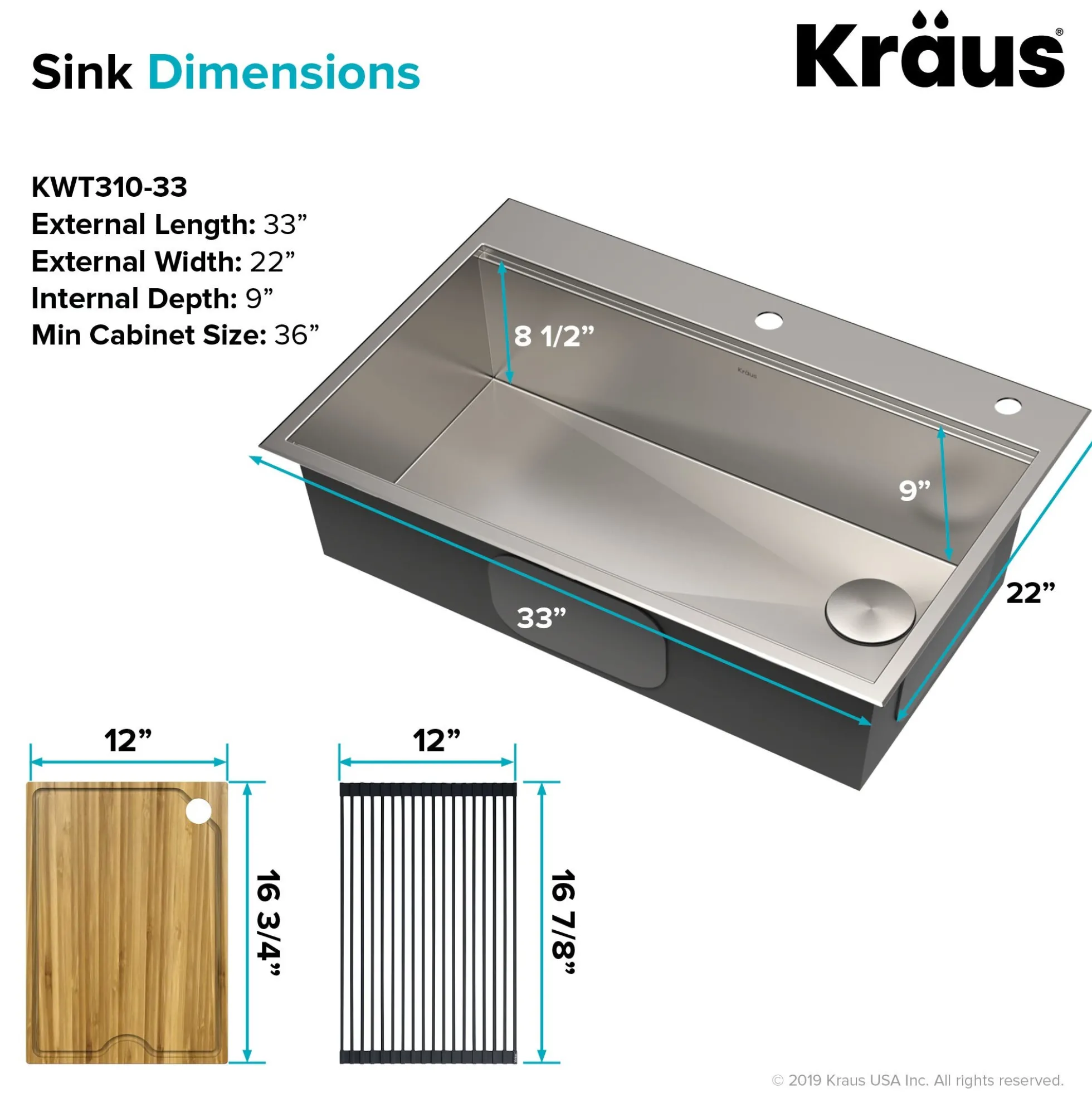 Workstation 33" Drop-In/Undermount 16 Gauge Stainless Steel Single Bowl Kitchen Sink with Accessories