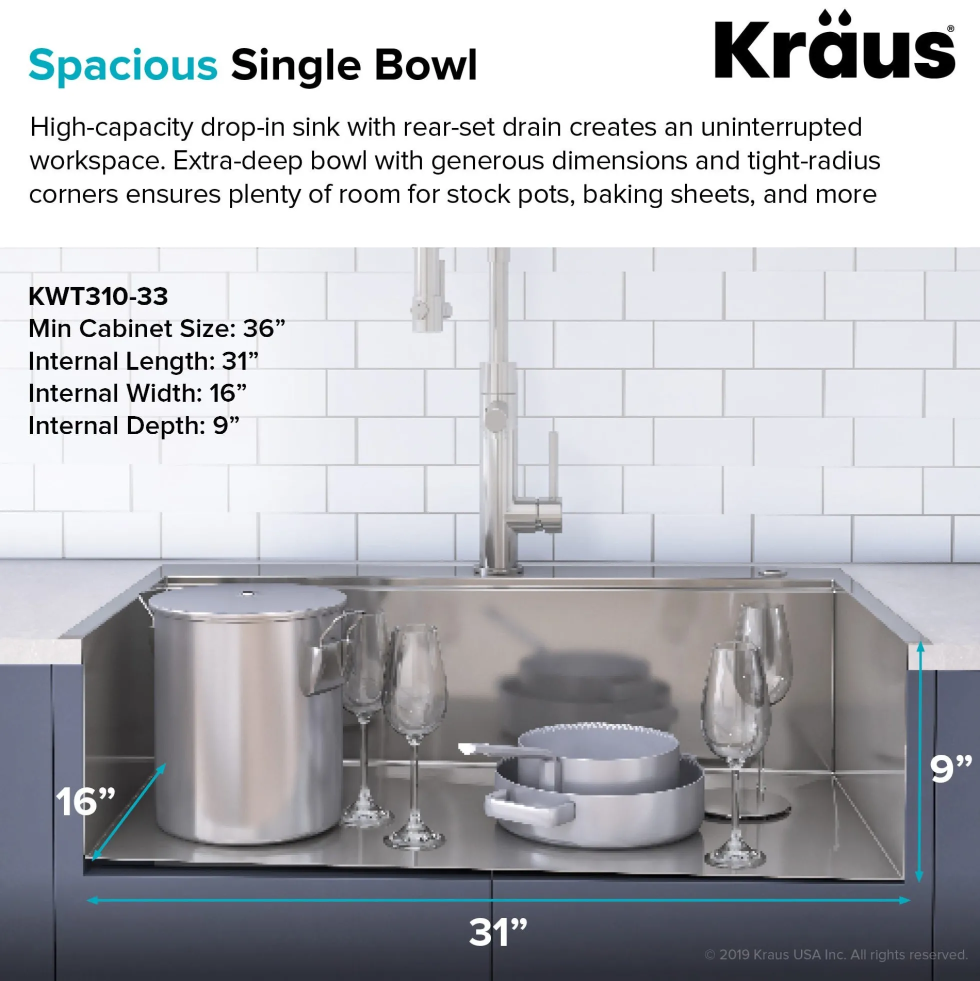 Workstation 33" Drop-In/Undermount 16 Gauge Stainless Steel Single Bowl Kitchen Sink with Accessories