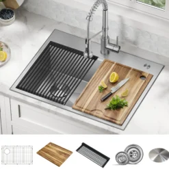 Workstation 28” Drop-In / Undermount 18 Gauge Stainless Steel Single Bowl Kitchen Sink with Accessories