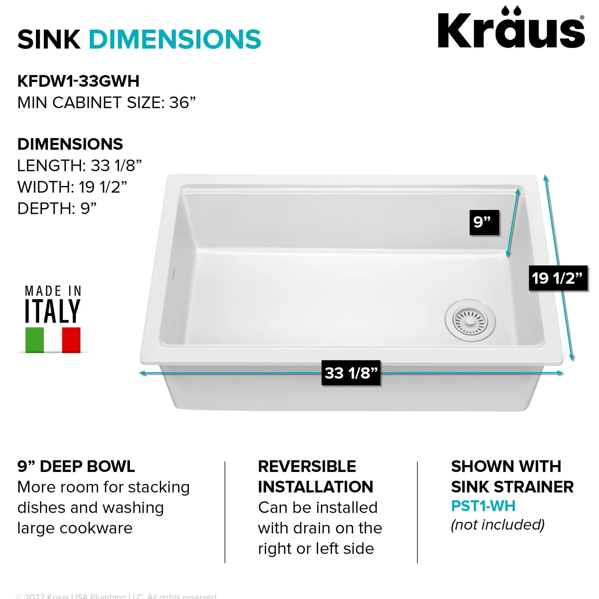 Workstation 33” Drop-In / Undermount Fireclay Single Bowl Kitchen Sink in Gloss White