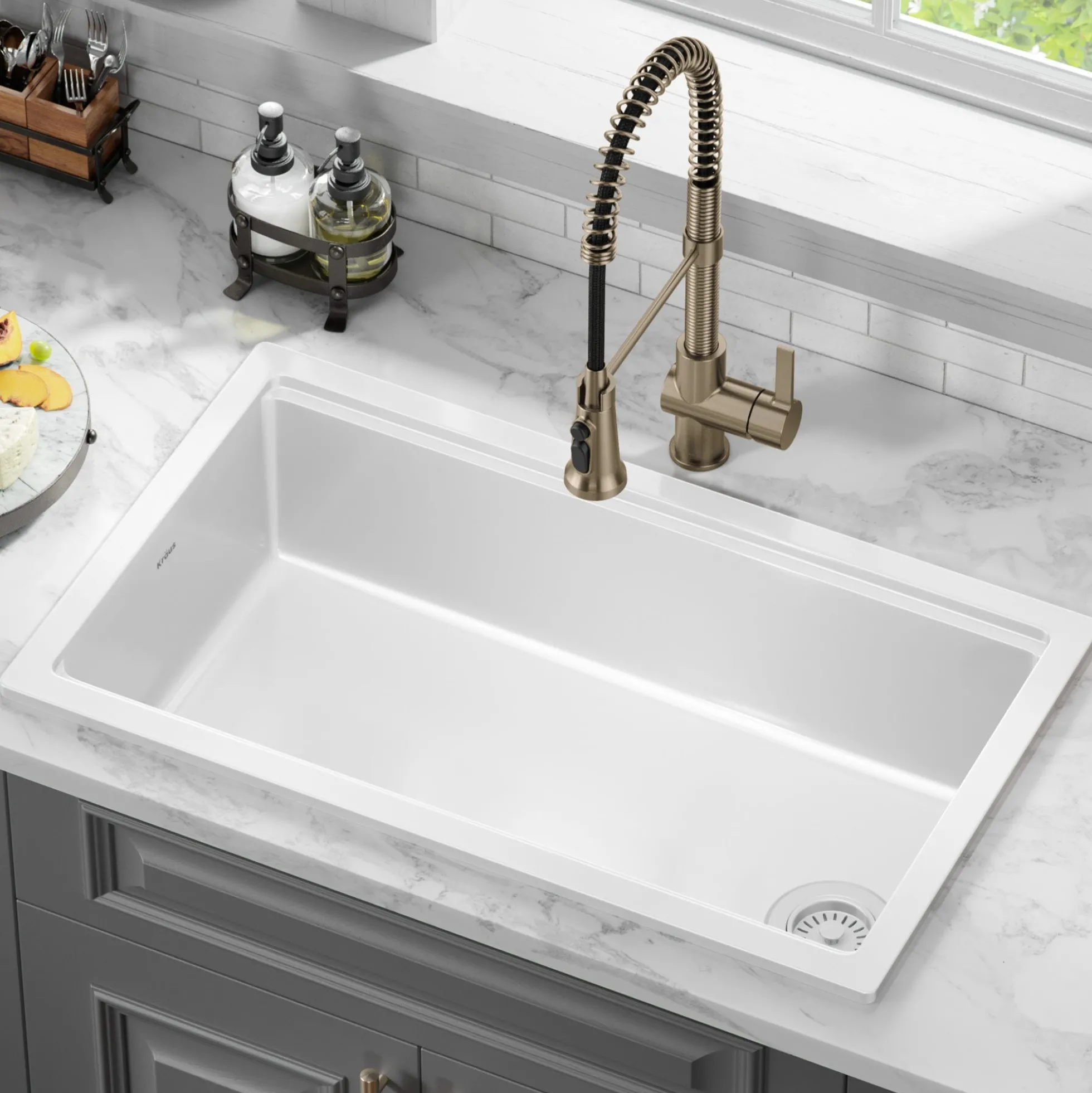 Workstation 33” Drop-In / Undermount Fireclay Single Bowl Kitchen Sink in Gloss White
