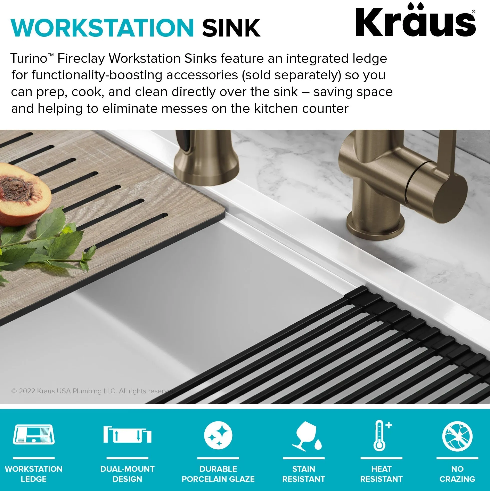 Workstation 33” Drop-In / Undermount Fireclay Single Bowl Kitchen Sink in Gloss White