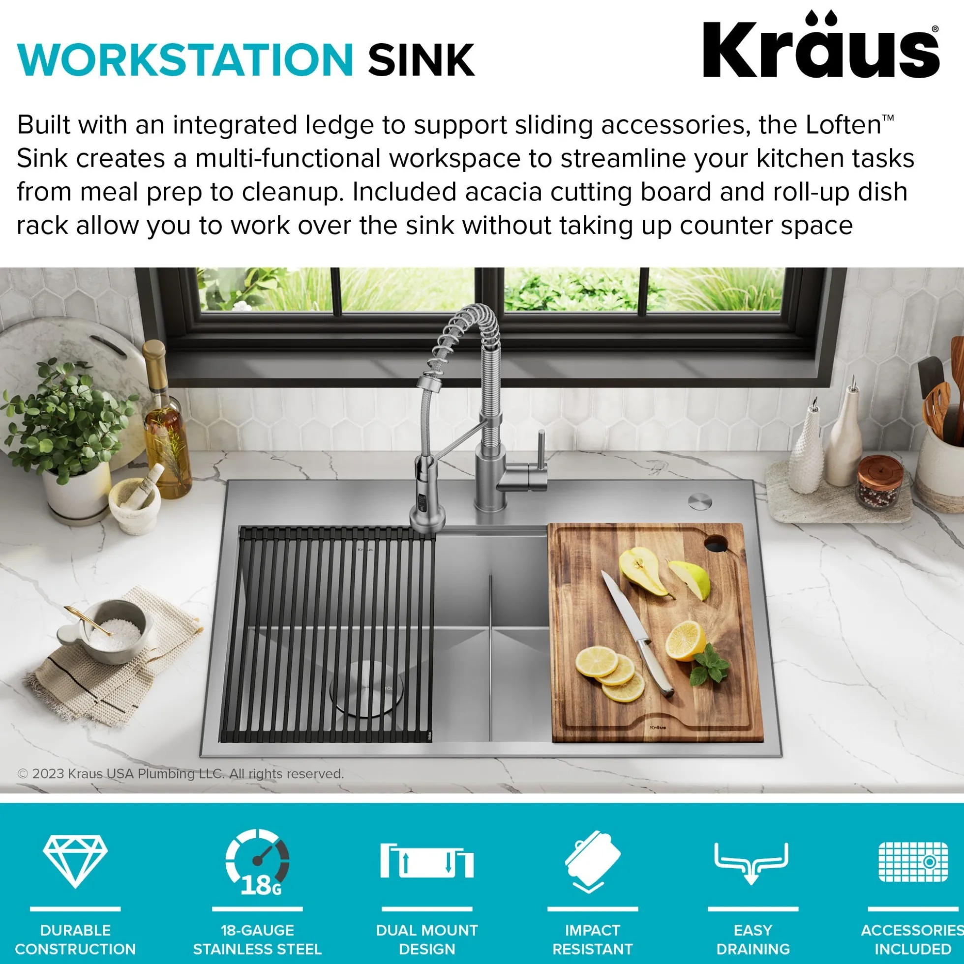 Workstation 33" Dual Mount 18 Gauge Stainless Steel 50/50 Double Bowl Kitchen Sink with Accessories