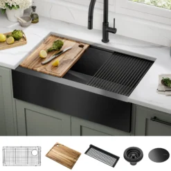 Workstation 33” Flat Apron Front Farmhouse 16 Gauge Black Stainless Steel Single Bowl Kitchen Sink in PVD Gunmetal Finish with Accessories