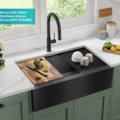 Workstation 33” Flat Apron Front Farmhouse 16 Gauge Black Stainless Steel Single Bowl Kitchen Sink in PVD Gunmetal Finish with Accessories