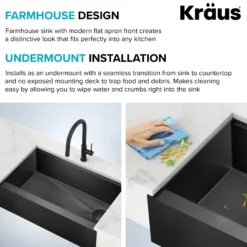 Workstation 33” Flat Apron Front Farmhouse 16 Gauge Black Stainless Steel Single Bowl Kitchen Sink in PVD Gunmetal Finish with Accessories