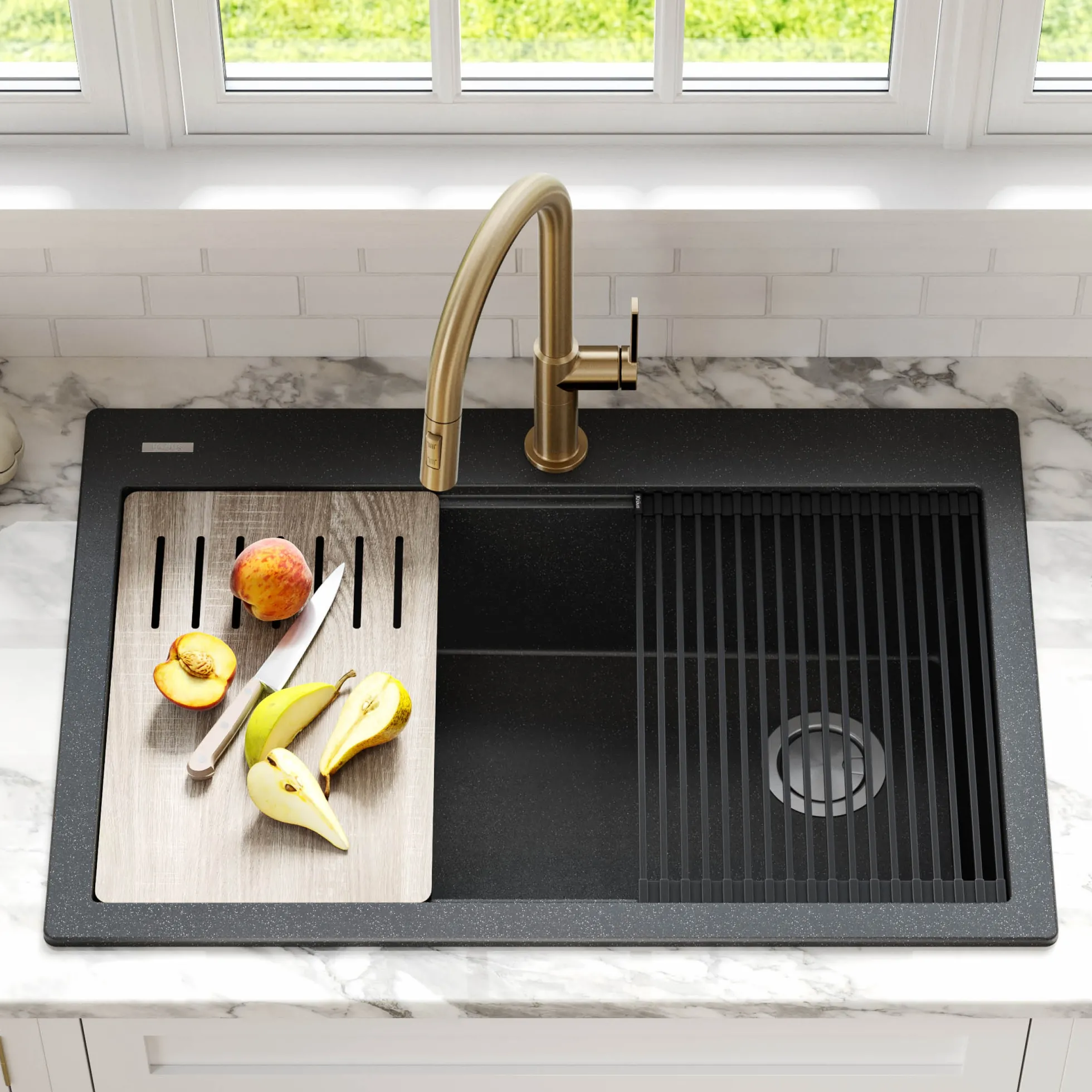 Workstation 33 in. Drop In Single Bowl Granite Kitchen Sink in Metallic Black with Accessories