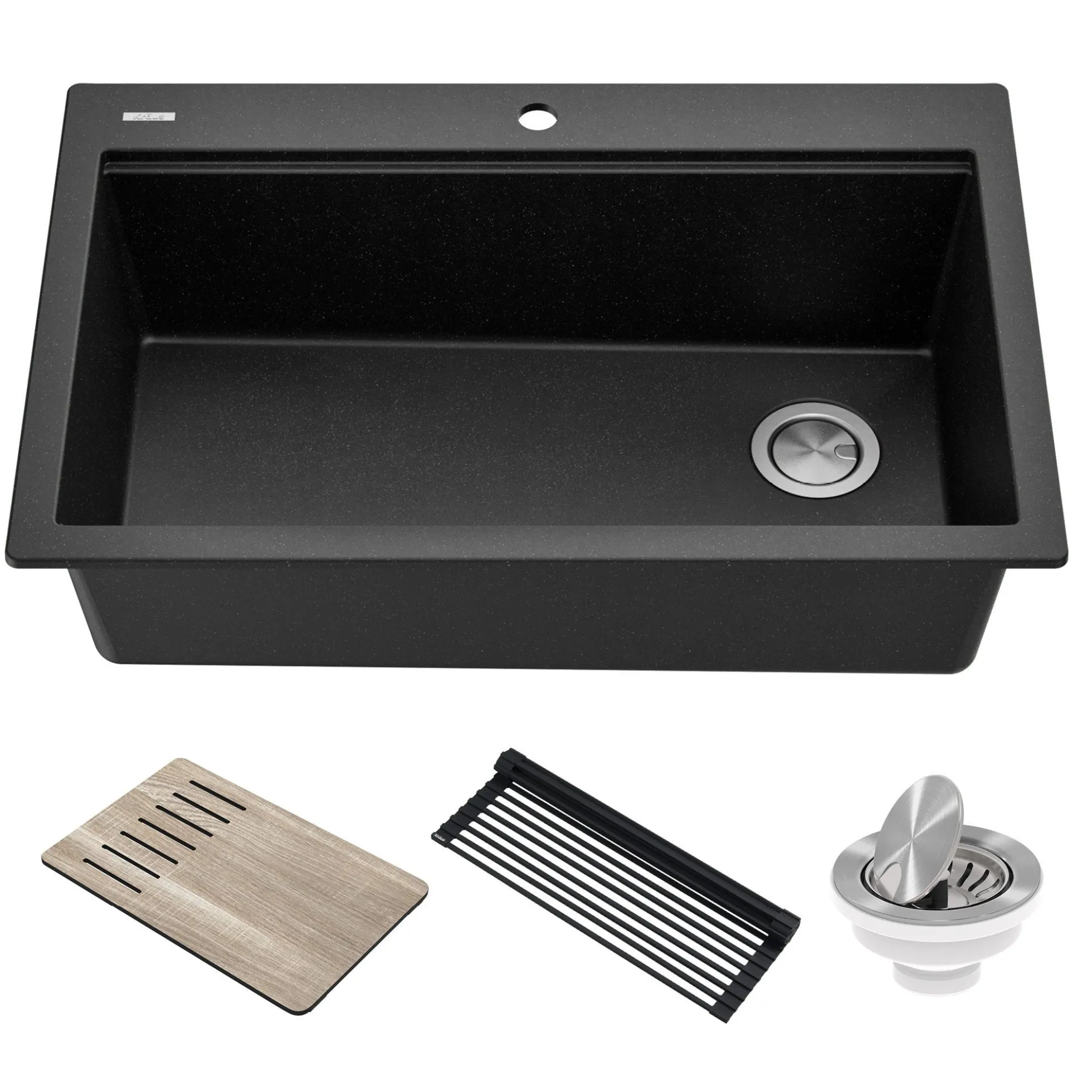 Workstation 33 in. Drop In Single Bowl Granite Kitchen Sink in Metallic Black with Accessories