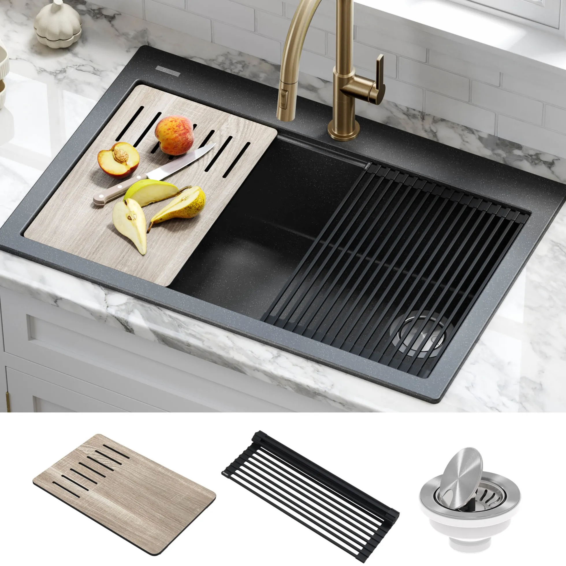 Workstation 33 in. Drop In Single Bowl Granite Kitchen Sink in Metallic Black with Accessories