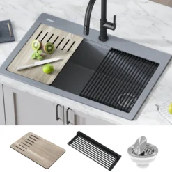 Workstation 33 in. Drop In Single Bowl Granite Kitchen Sink in Metallic Gray with Accessories