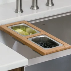 Workstation Kitchen Sink Serving Board Set with Rectangular Stainless Steel Bowls