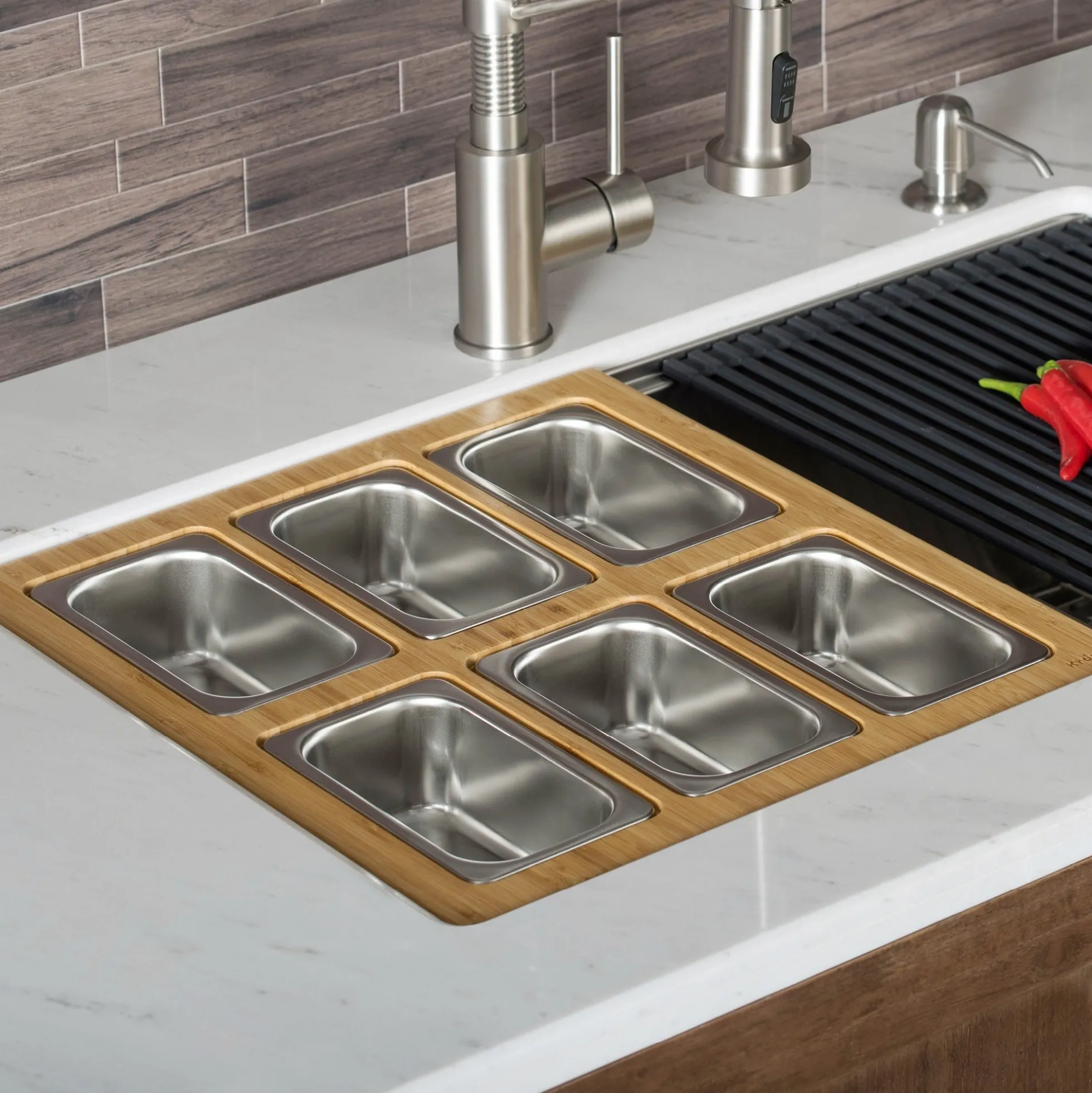Workstation Kitchen Sink Serving Board Set with Rectangular Stainless Steel Bowls