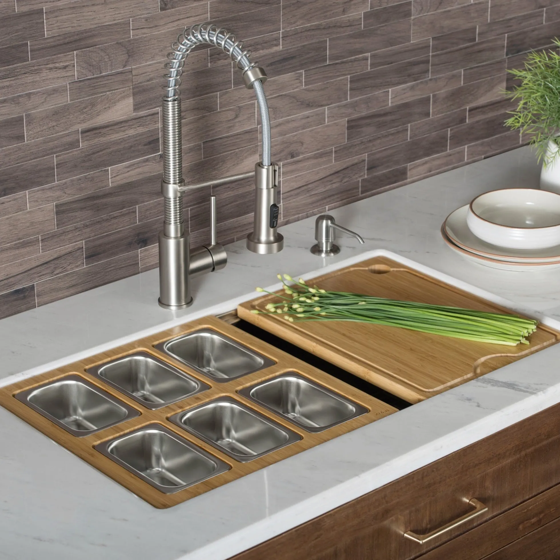 Workstation Kitchen Sink Serving Board Set with Rectangular Stainless Steel Bowls