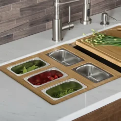 Workstation Kitchen Sink Serving Board Set with Rectangular Stainless Steel Bowls
