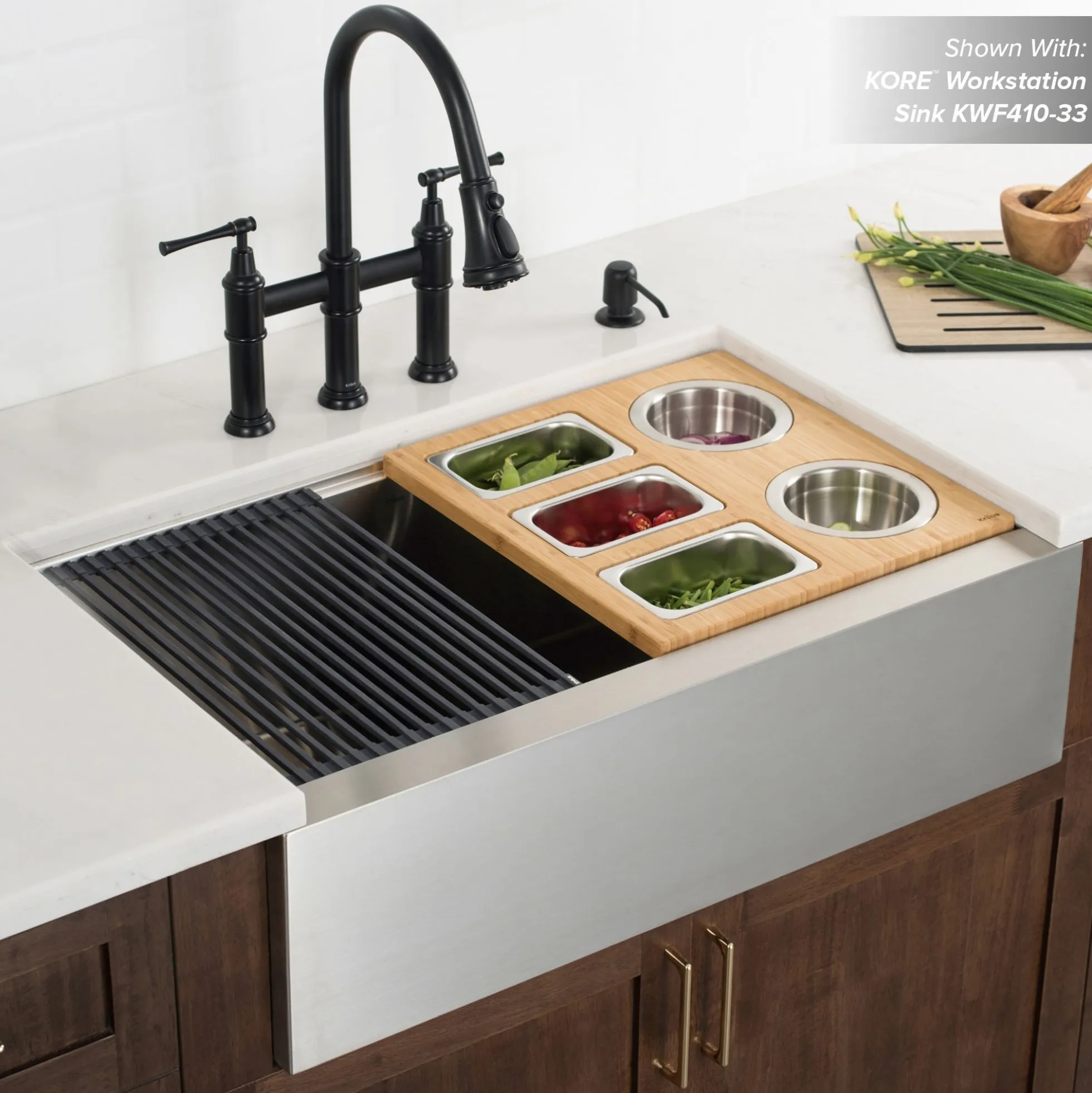 Workstation Kitchen Sink Serving Board Set with Stainless Steel Bowls