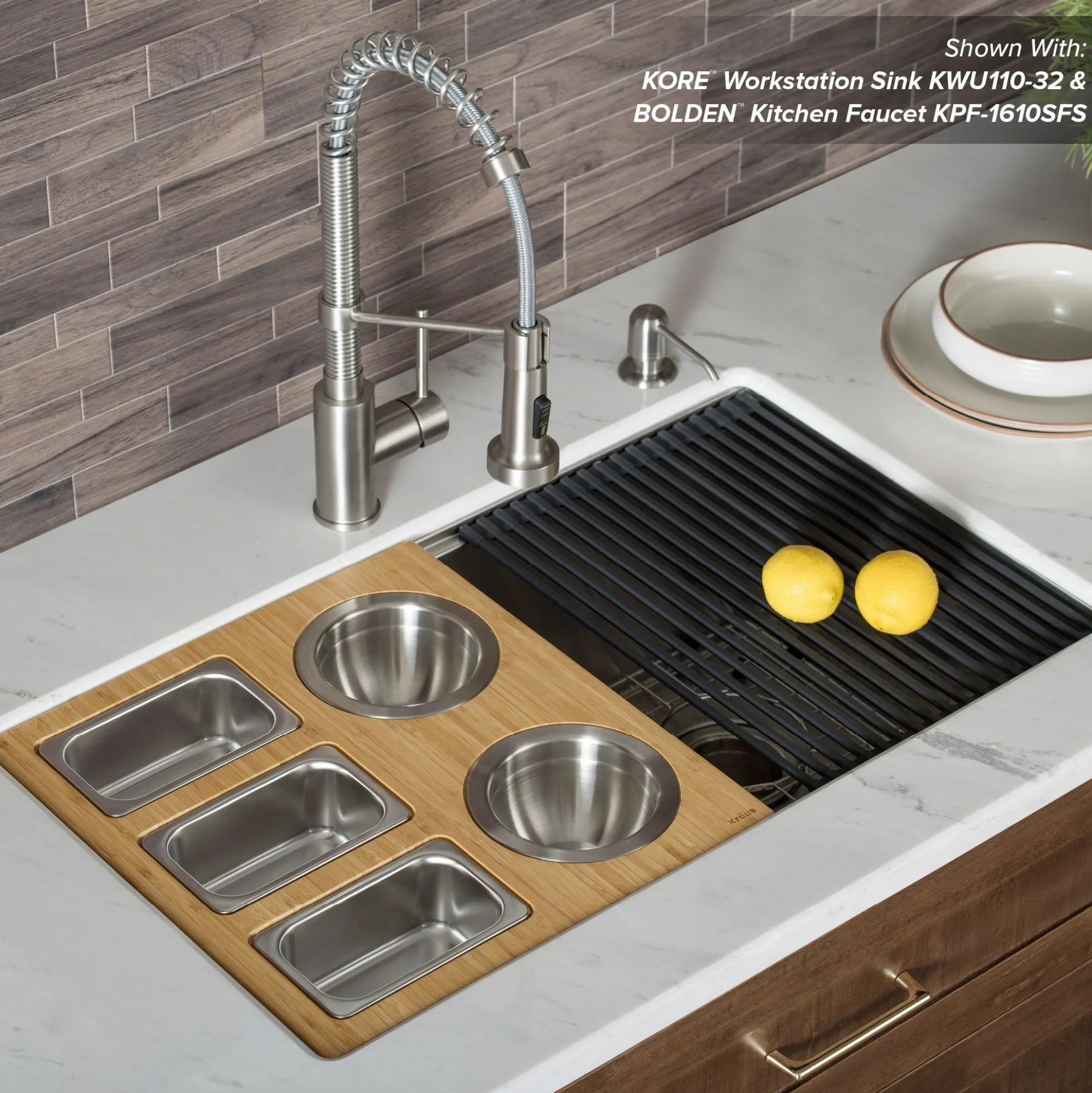 Workstation Kitchen Sink Serving Board Set with Stainless Steel Bowls