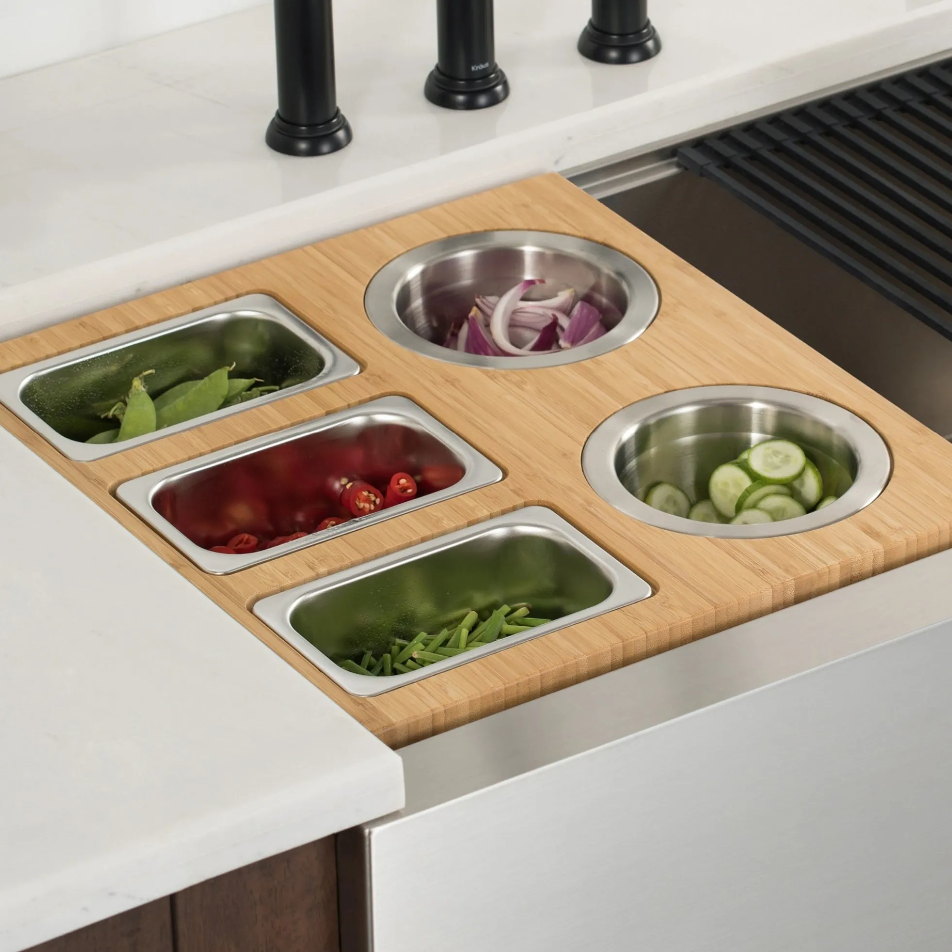 Workstation Kitchen Sink Serving Board Set with Stainless Steel Bowls