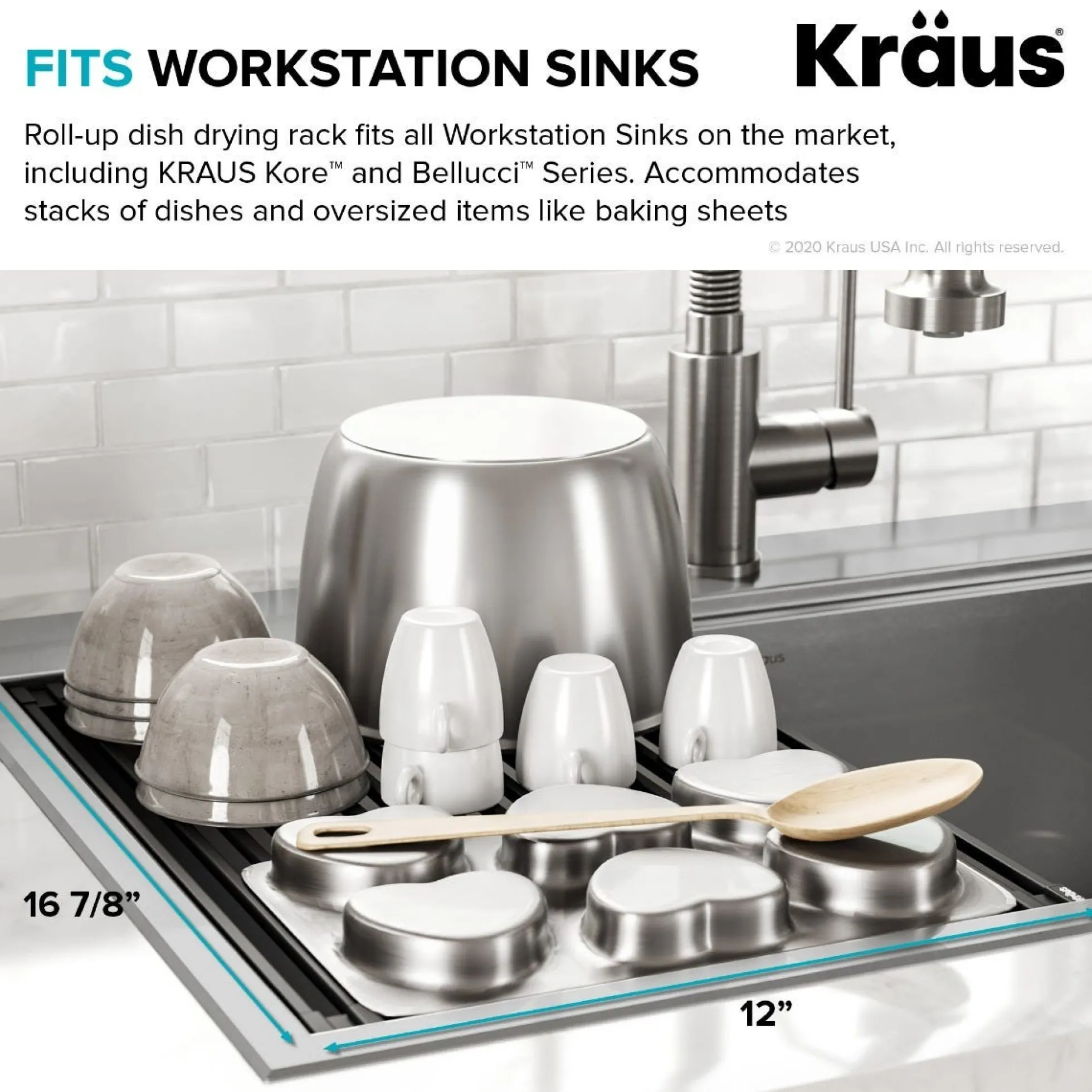 Workstation Multipurpose Over Sink Roll-Up Dish Drying Rack in Dark Grey