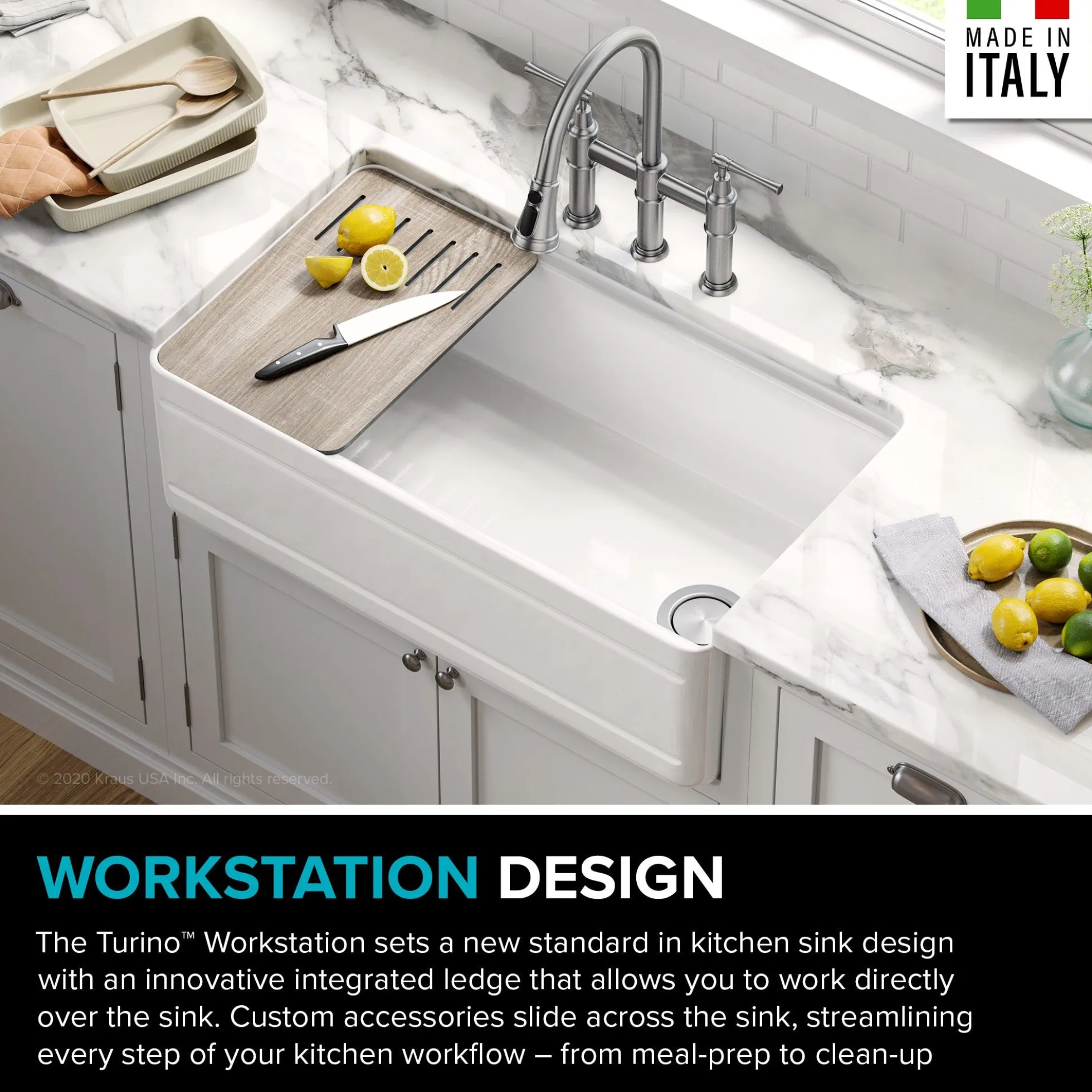 Workstation 33" Reversible Apron Front Farmhouse Fireclay Single Bowl Kitchen Sink in Gloss White