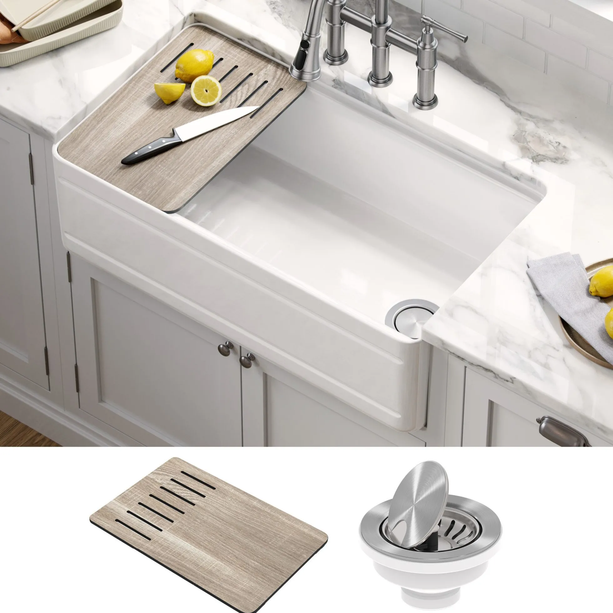 Workstation 33" Reversible Apron Front Farmhouse Fireclay Single Bowl Kitchen Sink in Gloss White