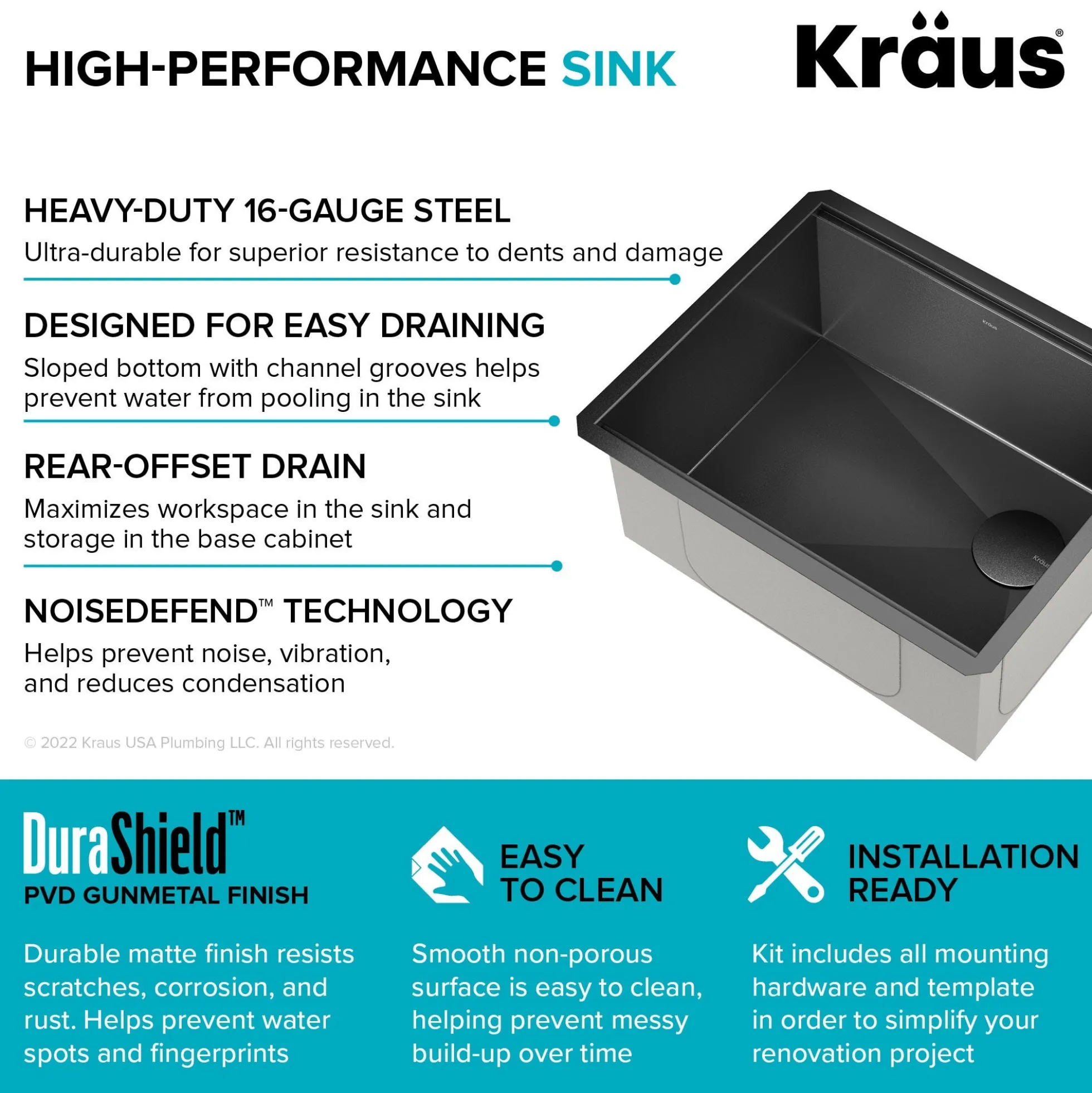 Workstation 23” Undermount 16 Gauge Black Stainless Steel Single Bowl Kitchen Sink in PVD Gunmetal Finish with Accessories