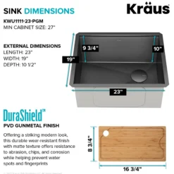 Workstation 23” Undermount 16 Gauge Black Stainless Steel Single Bowl Kitchen Sink in PVD Gunmetal Finish with Accessories
