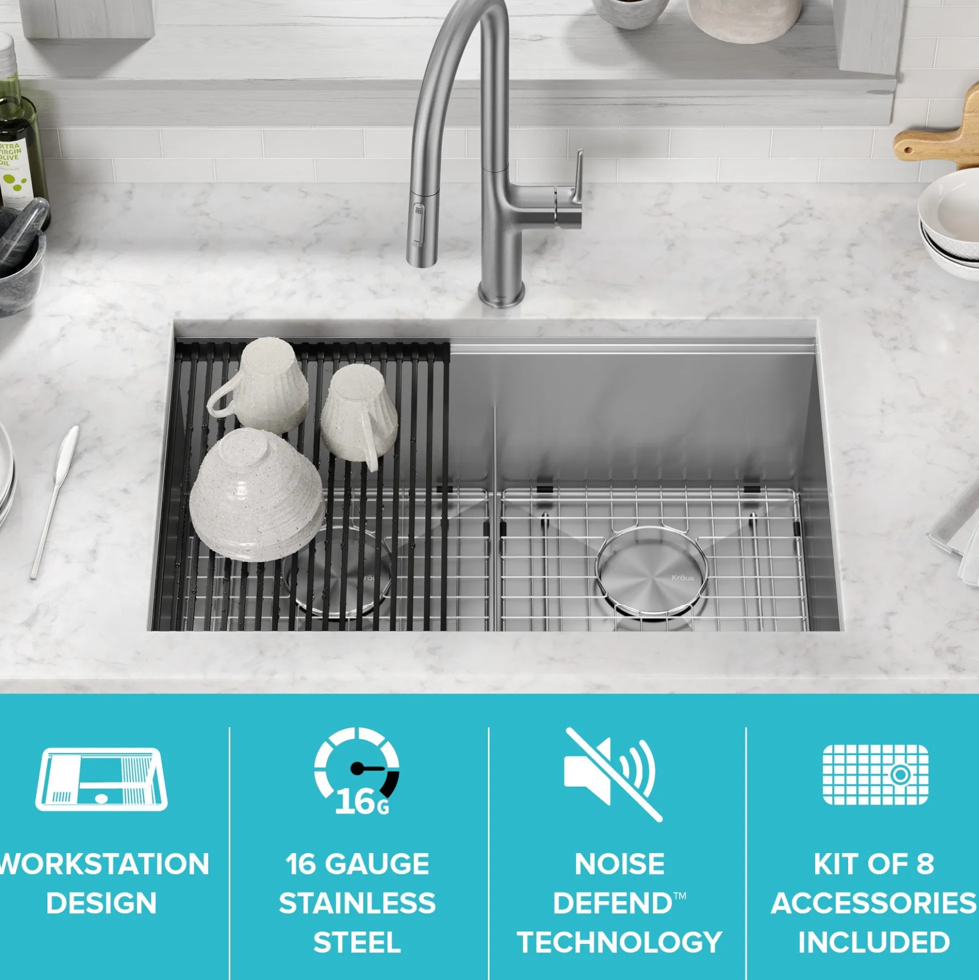 Workstation 30" Undermount 16 Gauge Stainless Steel 50/50 Double Bowl Kitchen Sink with Accessories