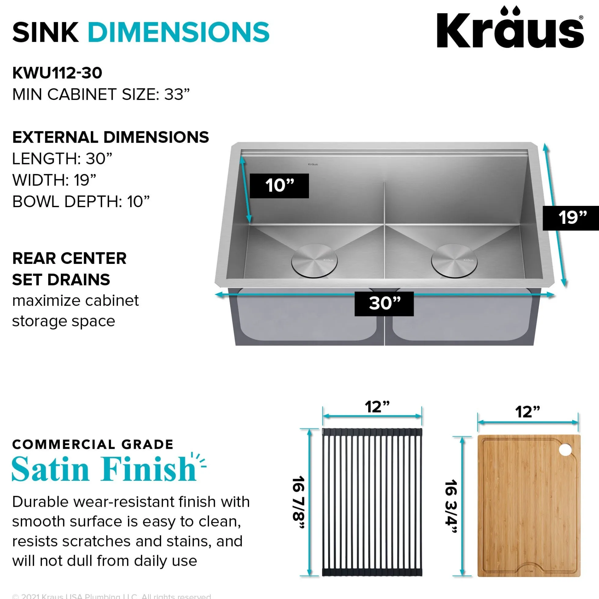Workstation 30" Undermount 16 Gauge Stainless Steel 50/50 Double Bowl Kitchen Sink with Accessories
