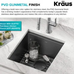 Workstation 17” Undermount 16 Gauge Black Stainless Steel Single Bowl Kitchen Bar Sink in PVD Gunmetal Finish with Accessories