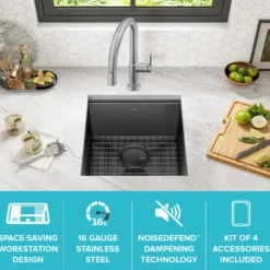 Workstation 17” Undermount 16 Gauge Black Stainless Steel Single Bowl Kitchen Bar Sink in PVD Gunmetal Finish with Accessories