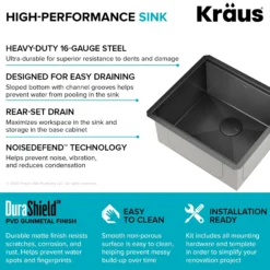 Workstation 21” Undermount 16 Gauge Black Stainless Steel Single Bowl Kitchen Sink in PVD Gunmetal Finish with Accessories