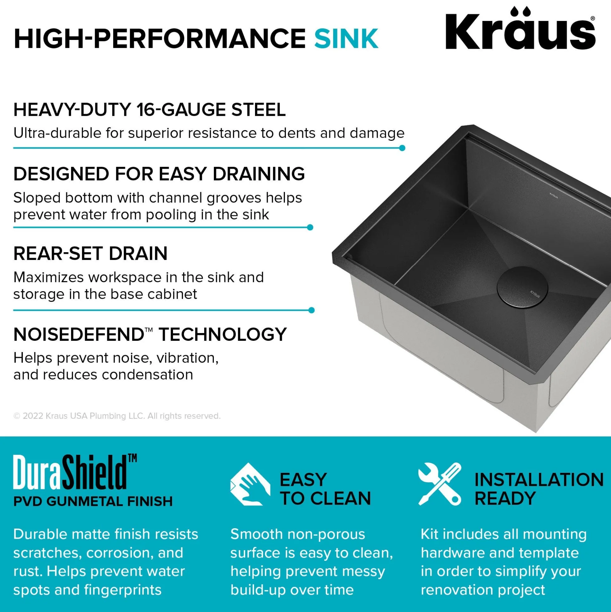 Workstation 21” Undermount 16 Gauge Black Stainless Steel Single Bowl Kitchen Sink in PVD Gunmetal Finish with Accessories