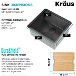 Workstation 21” Undermount 16 Gauge Black Stainless Steel Single Bowl Kitchen Sink in PVD Gunmetal Finish with Accessories