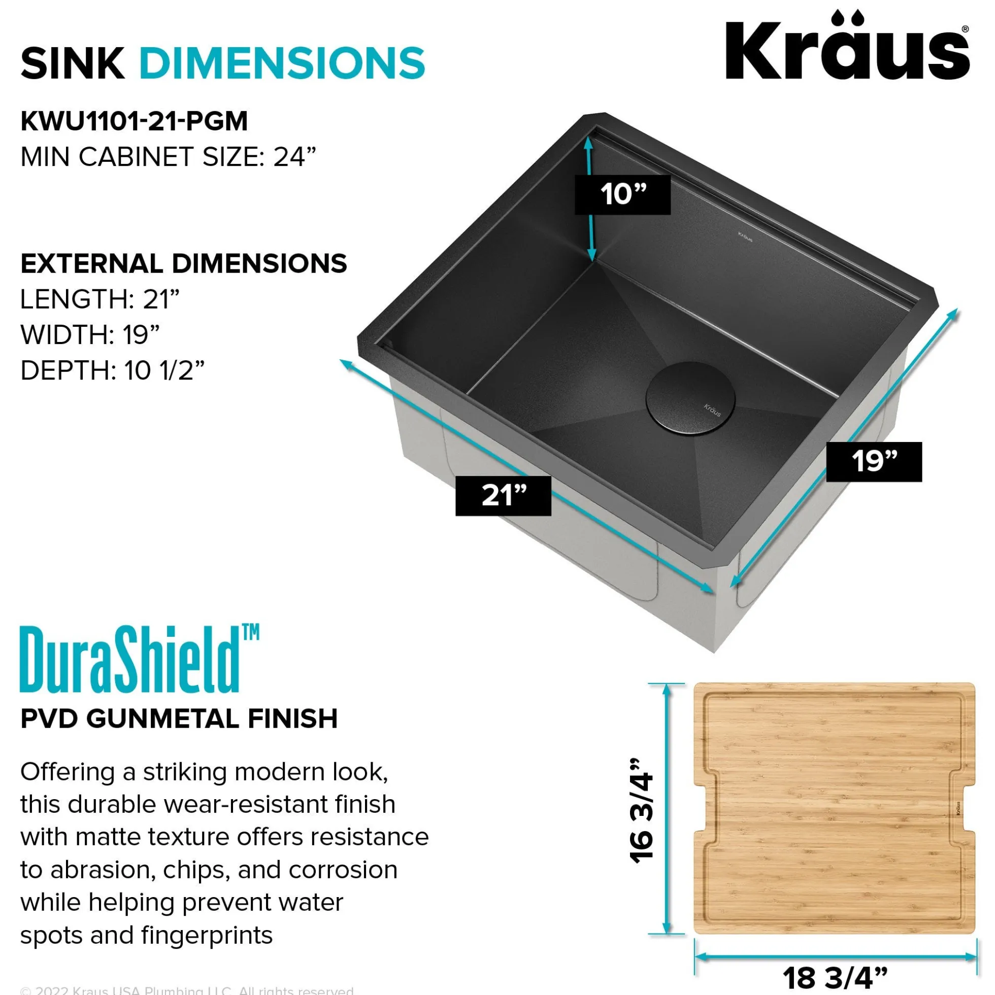 Workstation 21” Undermount 16 Gauge Black Stainless Steel Single Bowl Kitchen Sink in PVD Gunmetal Finish with Accessories