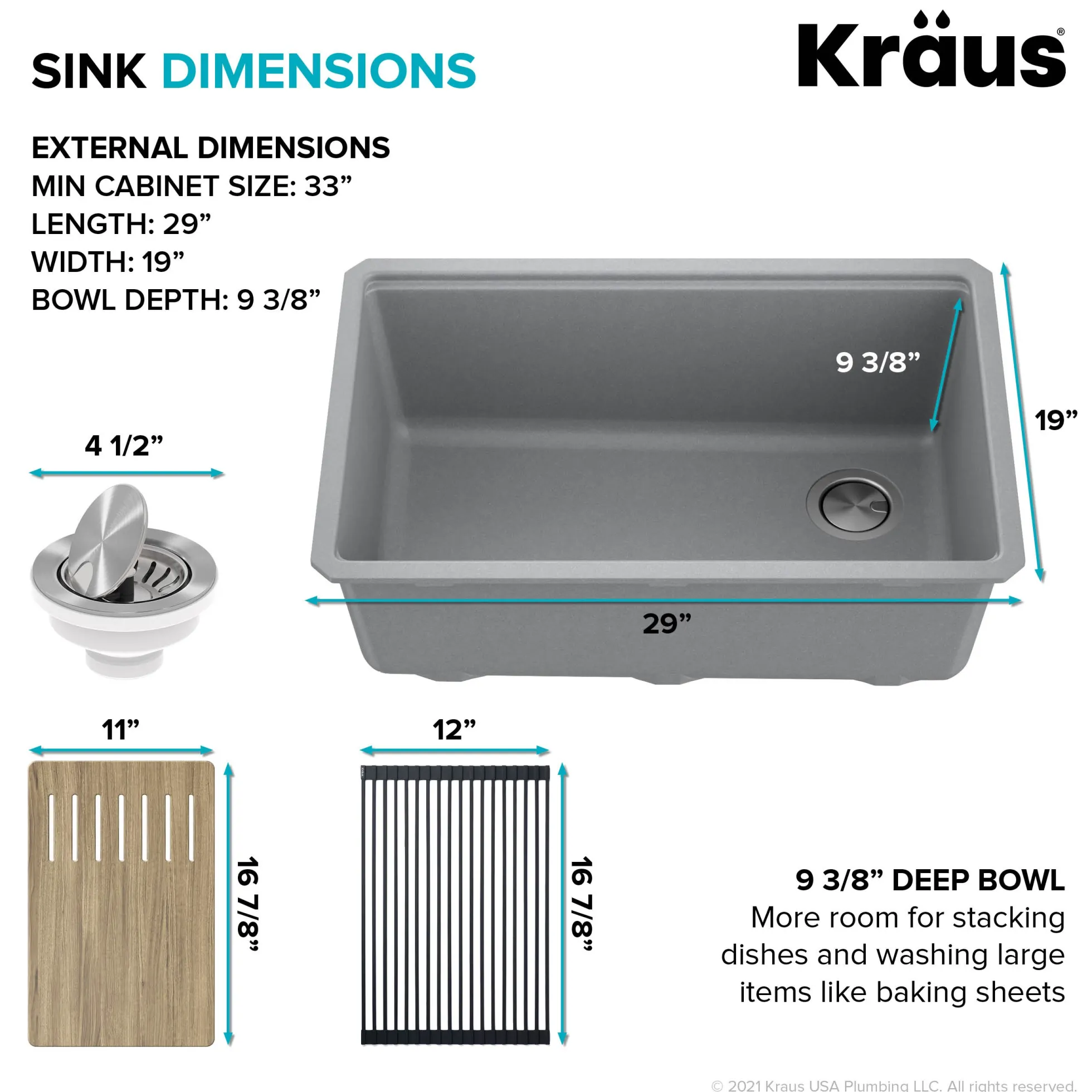 Workstation 30" Undermount Granite Single Bowl Kitchen Sink in Metallic Gray with Accessories
