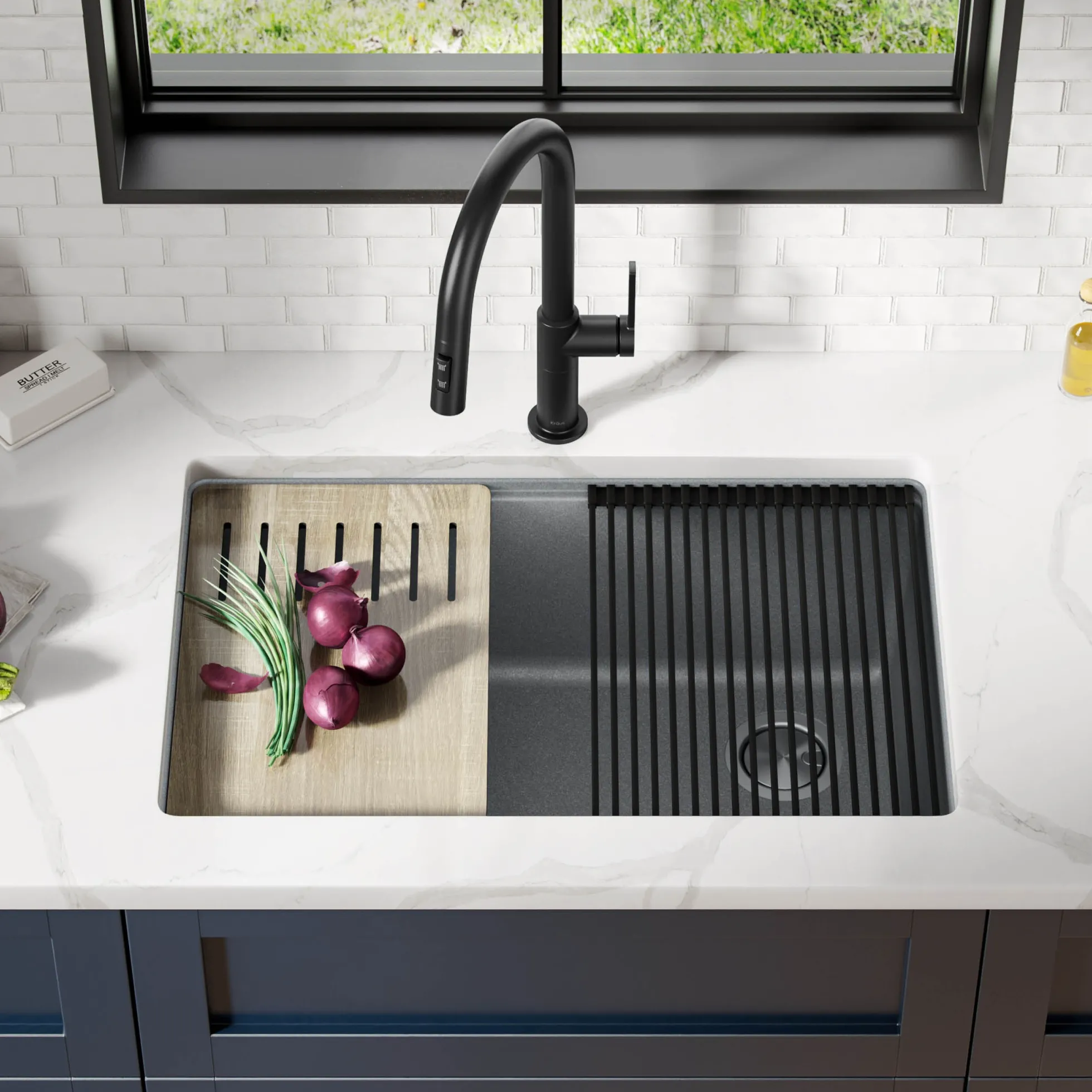 Workstation 30" Undermount Granite Single Bowl Kitchen Sink in Metallic Gray with Accessories