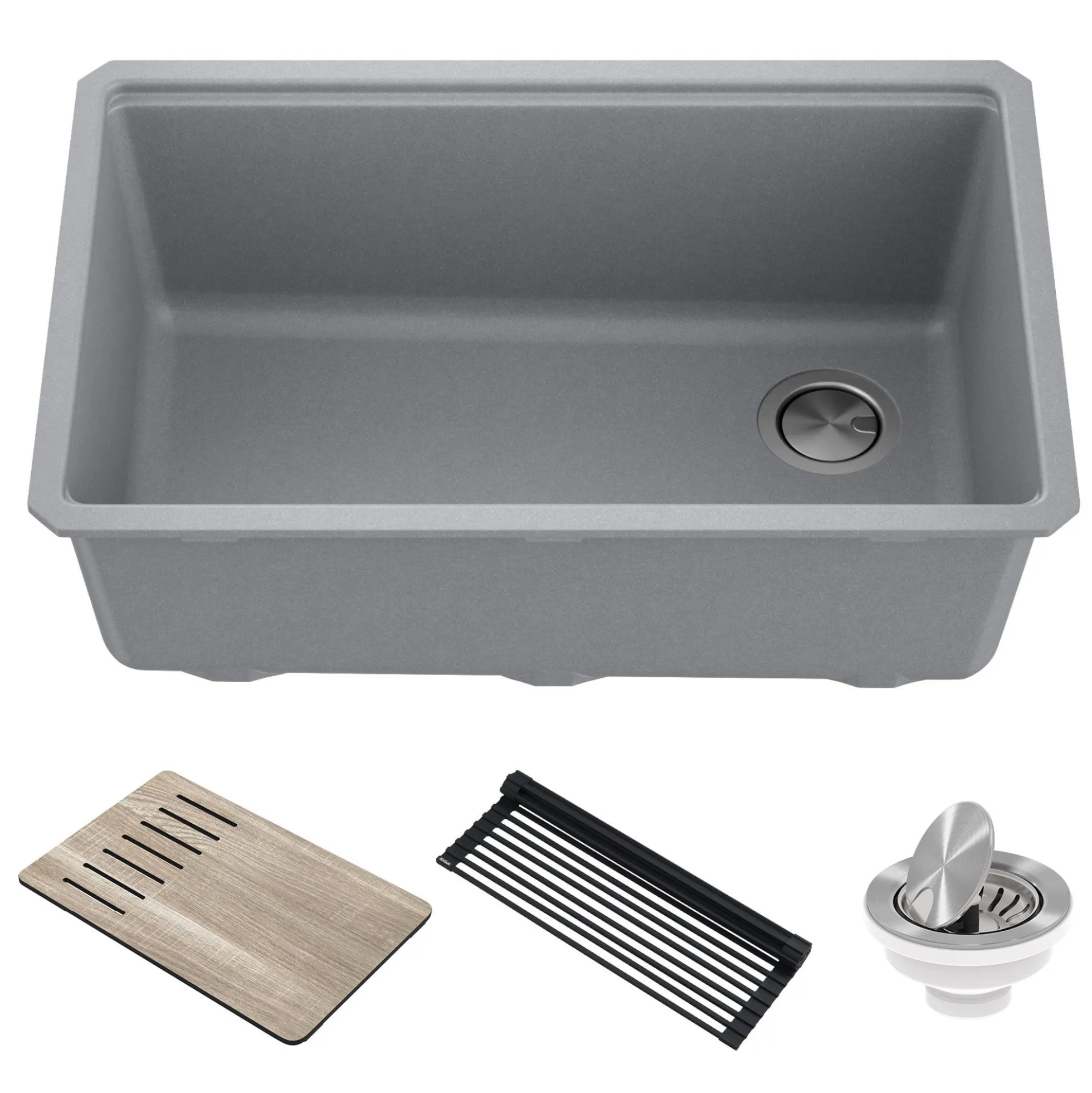 Workstation 30" Undermount Granite Single Bowl Kitchen Sink in Metallic Gray with Accessories