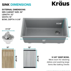 Workstation 32" Undermount Granite Single Bowl Kitchen Sink in Metallic Gray with Accessories